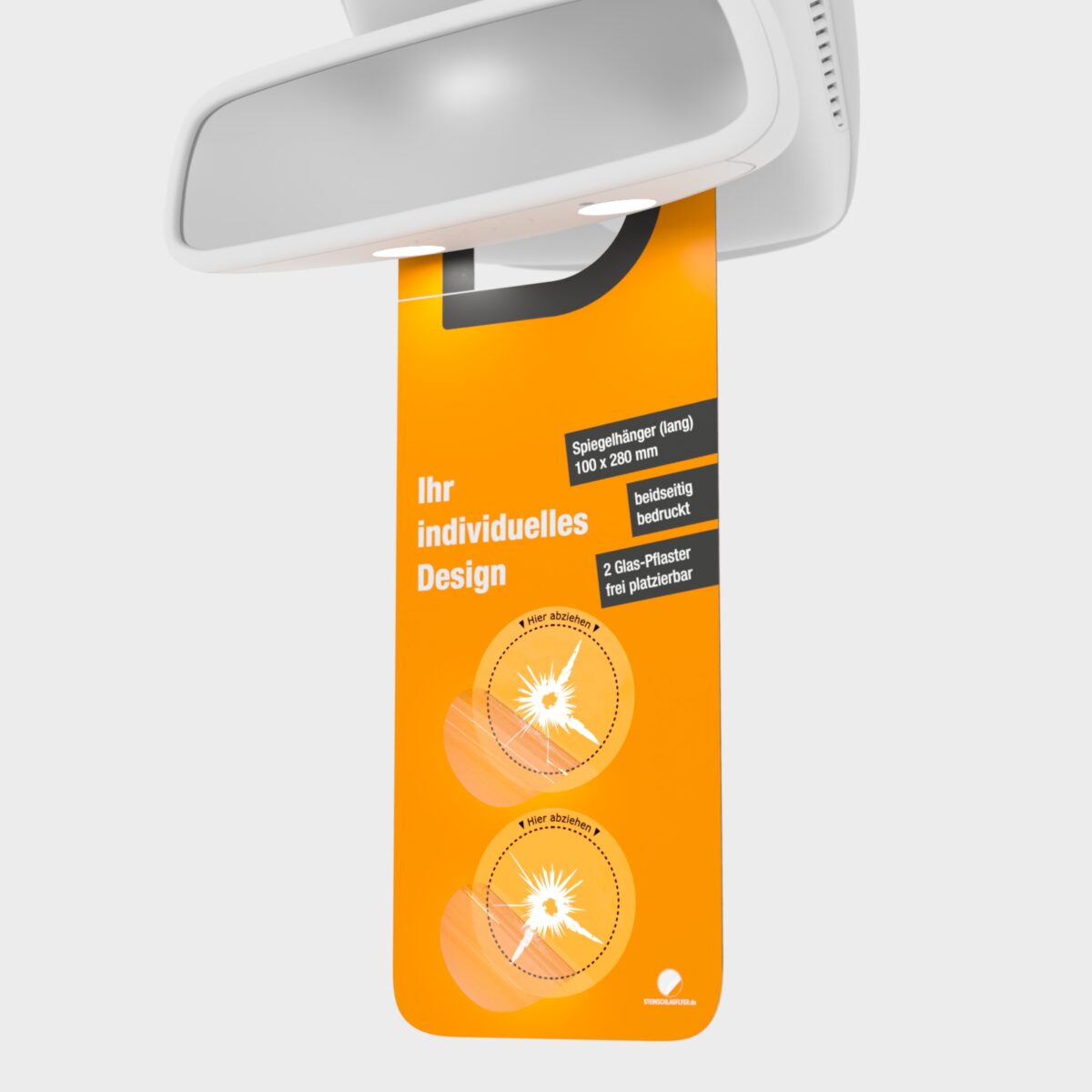 Steinschlagflyer als Spiegelhänger (lang) mit 2 Glas-Pflaster